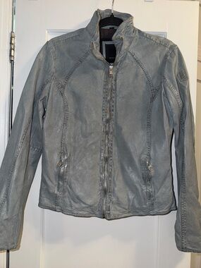 Women’s Gray Leather Zip-Front Jacket
